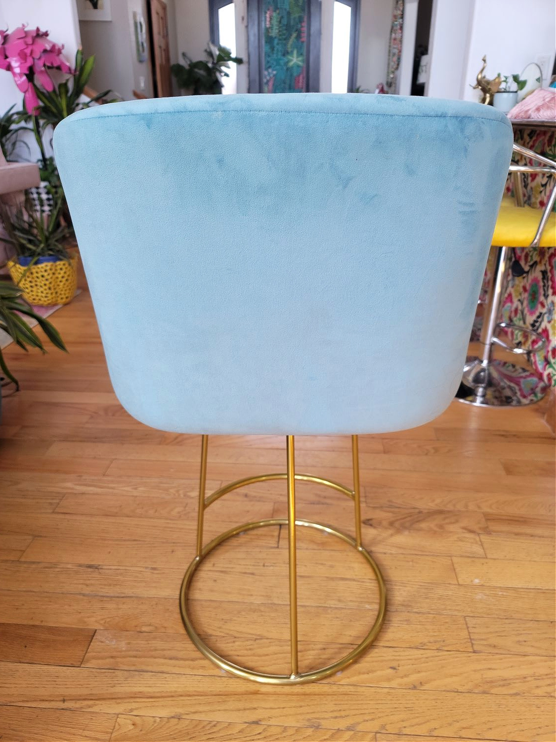 DIY Counter Stools by popular Colorado home design blog, Eclectic Twist: image of a blue fabric counter stool. 
