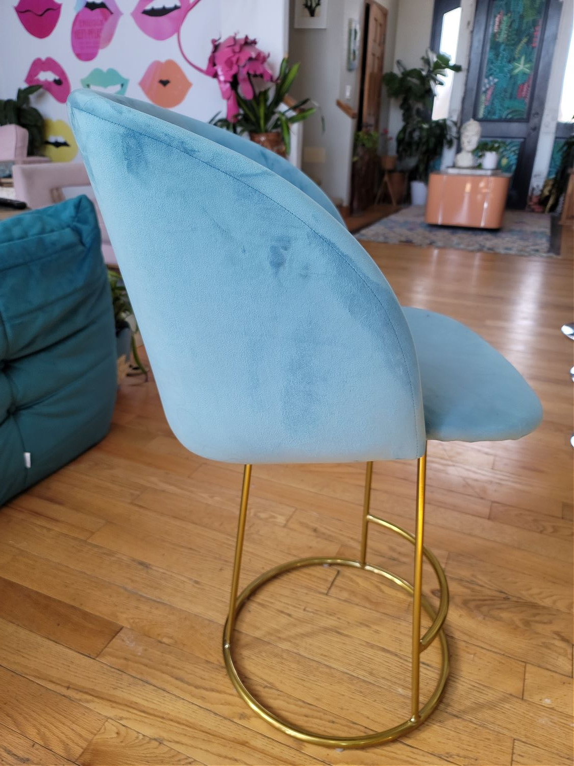 DIY Counter Stools by popular Colorado home design blog, Eclectic Twist: image of a blue fabric counter stool. 